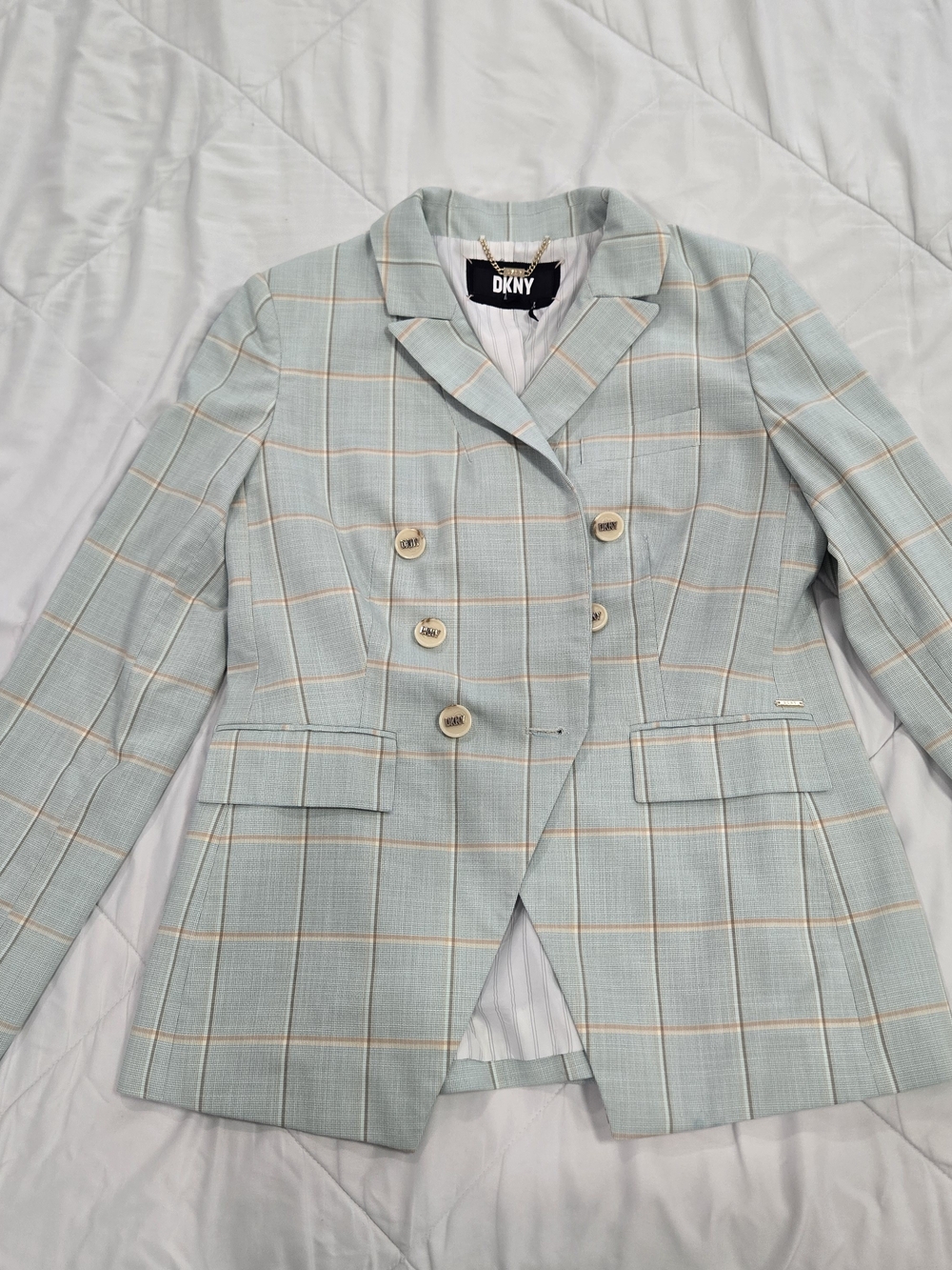 DKNY Pale Mint Plaid Double-Breasted Blazer